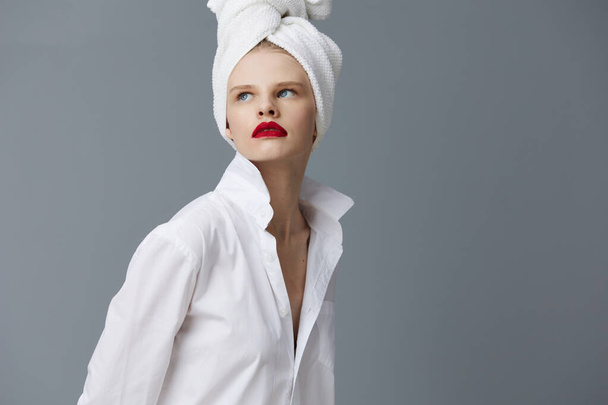 fashionable woman red lips towel on head makeup studio model unaltered - Photo, image