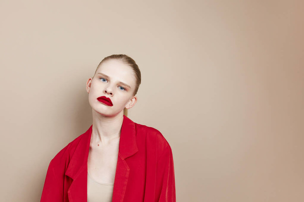 fashionable woman red lips fashion jacket Lifestyle posing - Foto, imagen