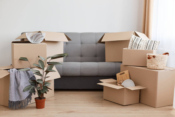 Cardboard carton boxes stack with household belongings in modern house living room, packed containers on floor and cough in new home, relocation, renovation, removals and delivery service. - Valokuva, kuva