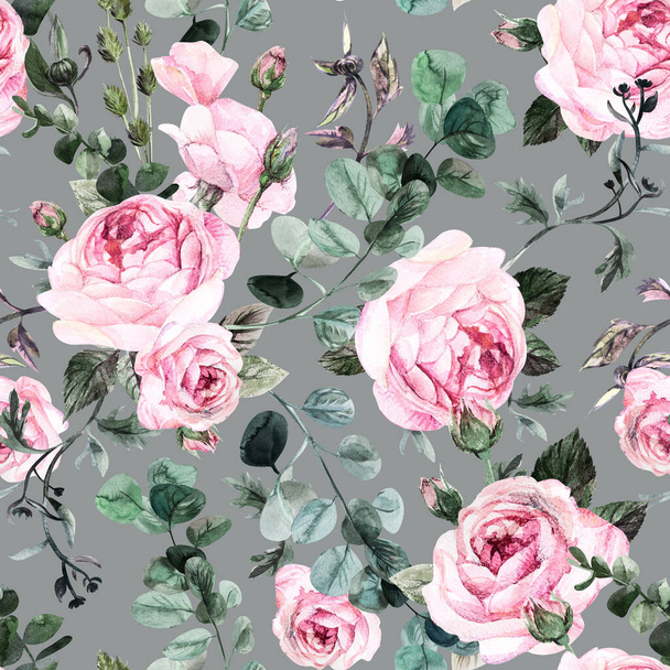Motif botanique aquarelle sans couture avec des fleurs roses gracieuses dans un style vintage - Photo, image