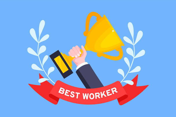 Beste werknemer werknemer winnaar met trofee beker binnenkant award lint en bloemen krans platte stijl design vector illustratie. - Vector, afbeelding