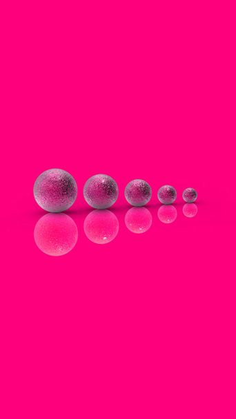 Cinco bolas de metal de tamanhos diferentes de cor cinza no fundo Magenta Pink. Crescimento de algo. Progresso. Reflexão. Imagem vertical. Imagem 3D. Renderização 3D. - Foto, Imagem