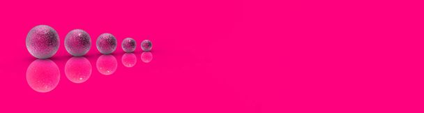 Πέντε μπάλες από μέταλλο διαφόρων μεγεθών του γκρι χρώμα σε ροζ φόντο Magenta. Μεγαλώνει κάτι. Πρόοδος. Αντανάκλαση. Banner για εισαγωγή στο site. Οριζόντια εικόνα. 3D εικόνα. 3D απόδοση. - Φωτογραφία, εικόνα
