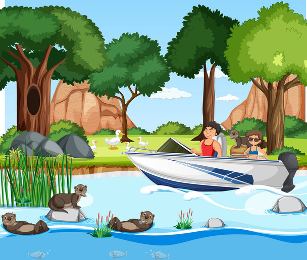 Escena de bosque fluvial con viajero en una ilustración de lancha rápida - Vector, Imagen