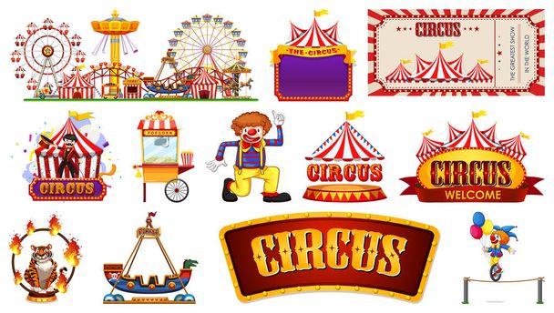 Cirkuszi karakterek és vidámpark elemek gyűjteménye illusztráció - Vektor, kép