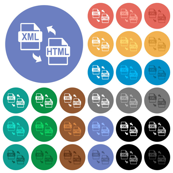 XML HTML μετατροπή αρχείων πολύχρωμα επίπεδα εικονίδια σε στρογγυλό φόντο. Περιλαμβάνονται λευκές, φωτεινές και σκοτεινές παραλλαγές εικονιδίων για εφέ αιώρησης και ενεργού κατάστασης και αποχρώσεις μπόνους. - Διάνυσμα, εικόνα