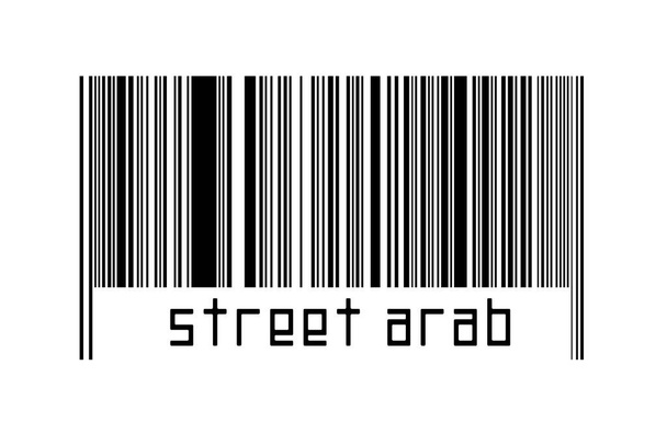 Concepto de digitalización. Código de barras de líneas horizontales negras con inscripción calle árabe debajo. - Foto, Imagen
