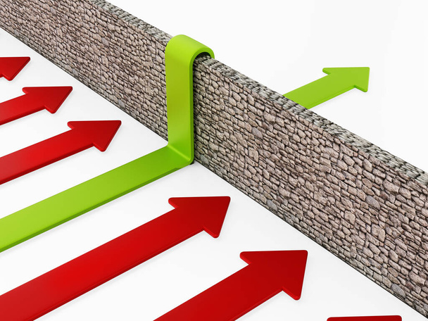 Green arrow overcoming the obstacle wall. 3D illustration. - Zdjęcie, obraz