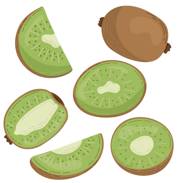 Een set kiwi 's in platte stijl, plakjes en helften fruit. Een set stickers in pastelkleuren - Vector, afbeelding