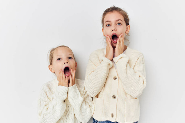 two little girls in sweaters posing friendship fun - Foto, immagini