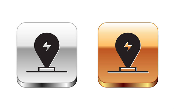 Black Charging parking electric car icon isolated on white background. Silver and gold square buttons. Vector - Vector, Image