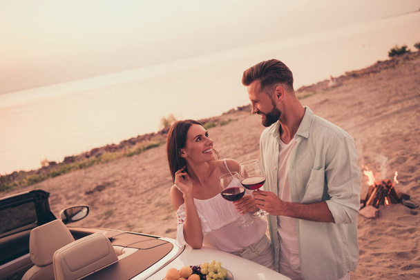 Profile side photo of young couple happy positive smile love beach picnic drink alcohol travel romance outdoors - Fotó, kép