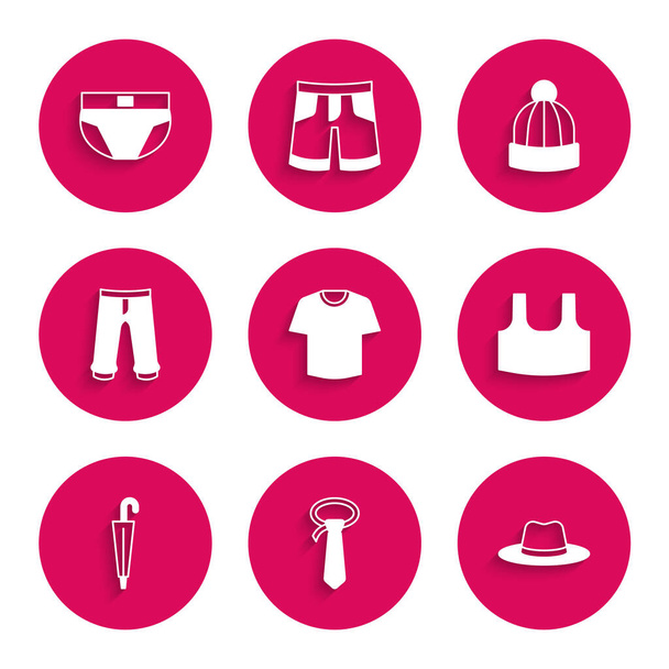 Set T-shirt, Tie, Man hat, Undershirt, Umbrella, Pants, Winter and Men underpants icon. Vector - Vector, imagen
