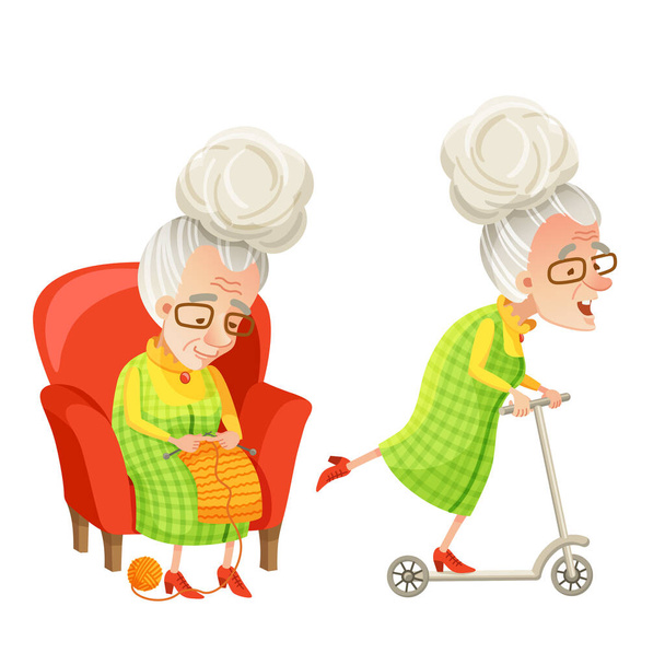 Happy senior woman in a chair knits. An active retired grandmother rides carelessly on a scooter. Retirees' daily activities, routine and entertainment - Vector, Image