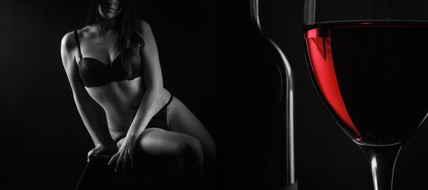 vrouwelijk lichaam en een glas rode wijn - Foto, afbeelding