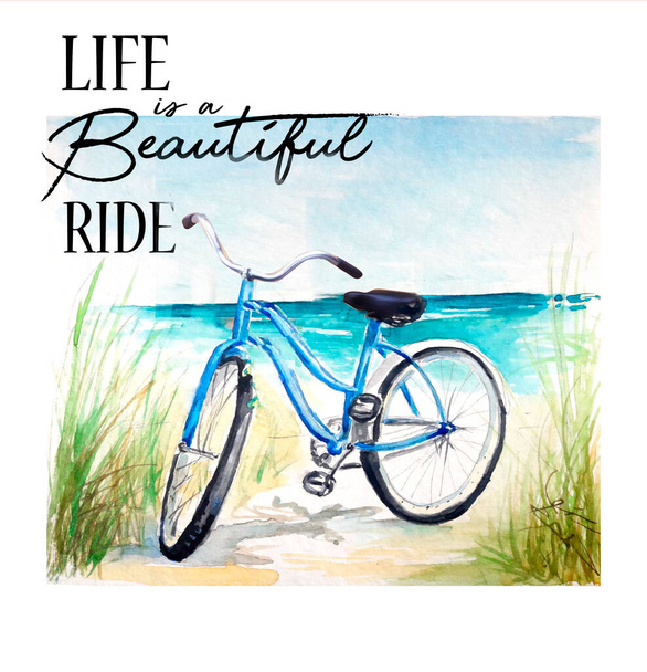 Watercolor painting of Vintage bicycle sketch. Life is a beautiful ride. Art illustration - Foto, imagen