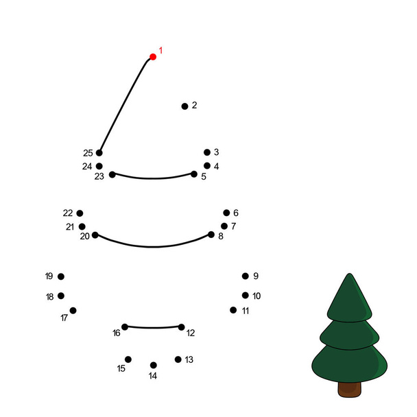 Dot to dot game with cartoon New Year Tree. Connect the dots by numbers and finish picture. Education Game with answer for kids. Coloring Page with cute vector Christmas Tree. Practice counting to 25 - Διάνυσμα, εικόνα