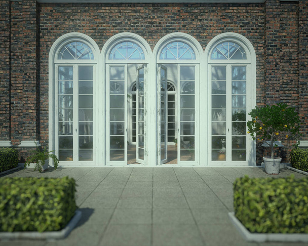 Sisäänkäynti orangery kaksi avattua ovea aurinkoisena kesäpäivänä. 3D-kuvaus. - Valokuva, kuva