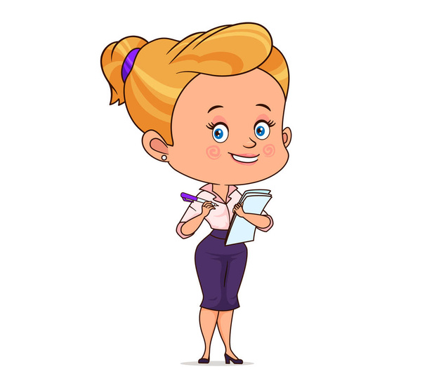 Smiling girl secretary holds a pen and paper in her hands for writing. Vector illustration in cartoon style isolated on white background - Vecteur, image