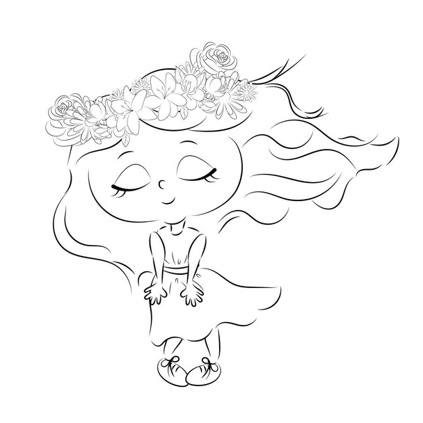 Coloring book for kids, with little girl and flowers, Cute doodle, sketch style. Outline illustration isolated on white background. one line. Coloring book for children and adults. Print for t-shirt - Vektor, Bild