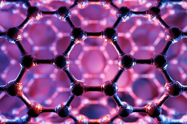 3D Nanotube struktúra, lila tudományos háttér, technológiai koncepció, hatszögletű geometriai forma közelkép, grafén atomszerkezet - Fotó, kép