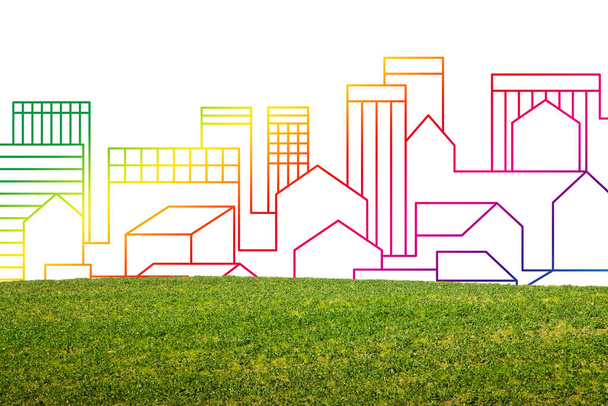 Планирование нового города - концепция строительной отрасли с воображаемым городом со зданиями на фоне зеленой зоны - Фото, изображение
