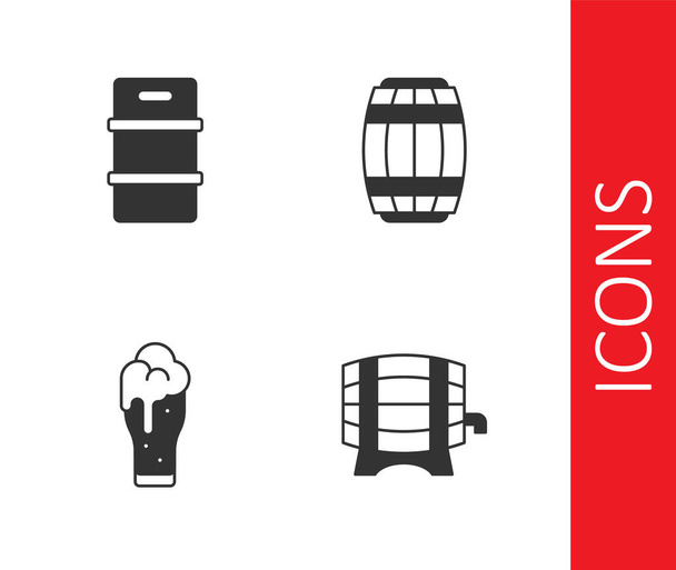 Σετ Ξύλινη κάννη σε σχάρα, μεταλλικό βαρέλι μπύρας, ποτήρι και εικονίδιο. Διάνυσμα - Διάνυσμα, εικόνα