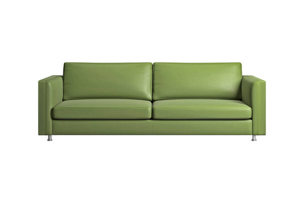 Уютный липово-зеленый кожаный диван, изолированный на белом фоне с вырезанной дорожкой. Серия мебели - Фото, изображение