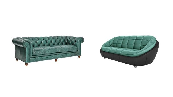 Dos sofás de cuero acolchados clásicos y modernos de color turquesa aislados sobre fondo blanco con camino de recorte. Serie de muebles - Foto, Imagen