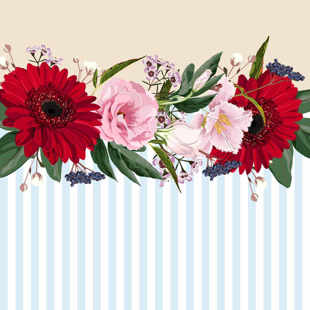 Horizontal striped pattern with red gerbera and pink eustoma, leaves, bud and herbs. Cute wedding floral vector design frame. Banner stripe element. Light tender background. - Vector, Image