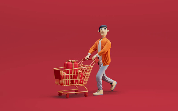 Egy férfi vesz egy csomó ajándékot, és beteszi egy bevásárlókocsiba, 3D-s rendereléssel. Számítógépes digitális rajz. - Fotó, kép