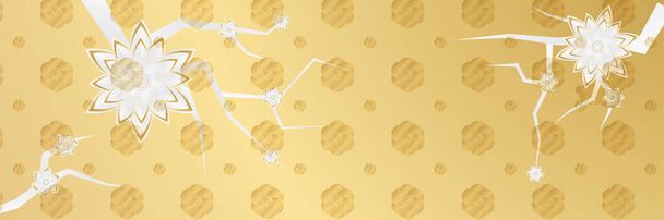 Chinês china ano novo 2022 ano do tigre flor branca e dourada e asiático elementos de papel cortado com estilo artesanal no fundo. Banner de fundo China chinês universal. Ilustração vetorial - Vetor, Imagem