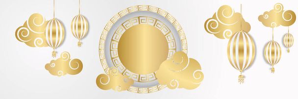 Chinês china ano novo 2022 ano do tigre flor branca e dourada e asiático elementos de papel cortado com estilo artesanal no fundo. Banner de fundo China chinês universal. Ilustração vetorial - Vetor, Imagem