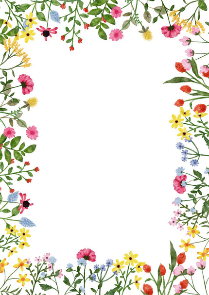 Watercolor wildflower border. Botanical spring summer flowers frame - Photo, Image
