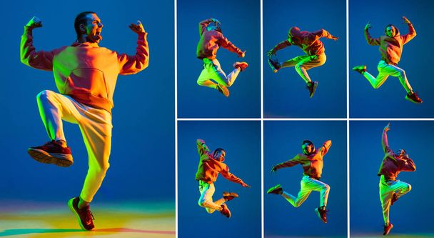 コラージュ。若いスタイリッシュな男の肖像、現代的な動きのダンサー、ネオンで青の背景に隔離されたヒップホップを実行 - 写真・画像