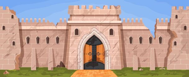Cartoon broken medieval castle or city wall ruins after war. Abandoned stone block fortress with towers. Ruined kingdom walls vector scene - Vector, afbeelding