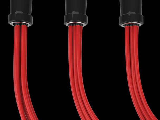 Τρία σετ κόκκινα καλώδια συνδεδεμένα σε μαύρες βέργες - Φωτογραφία, εικόνα