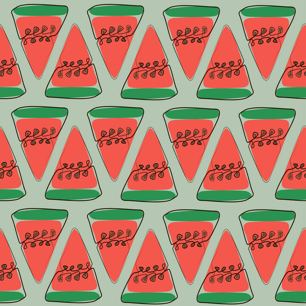 Vector Seamless pattern with watermelon and green background. Vector illustration. Modern exotic design for paper, cover, fabric, interior decor and other. Exotic Rapport for Textile, Fabric - Вектор,изображение