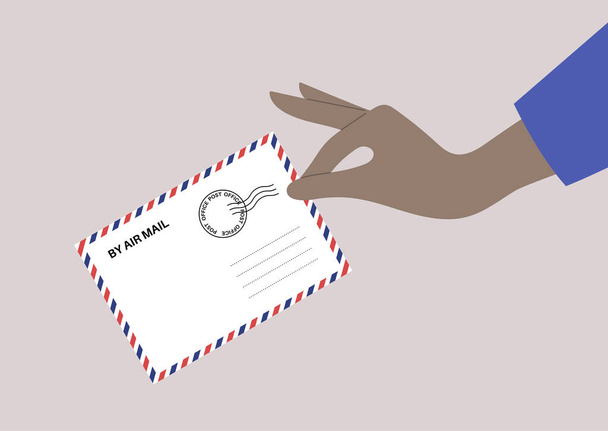 An isolated hand holding an air mail envelope, post office service - Vector, Imagen