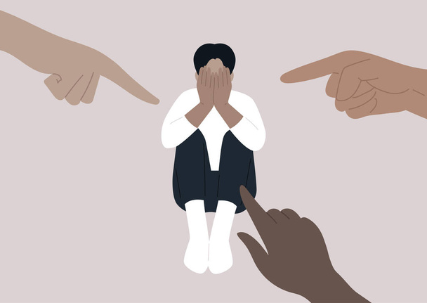 Fingers pointing at a young male character covering their face with hands, a desperate situation, stress and anxiety, victim-blaming - Vector, Imagen