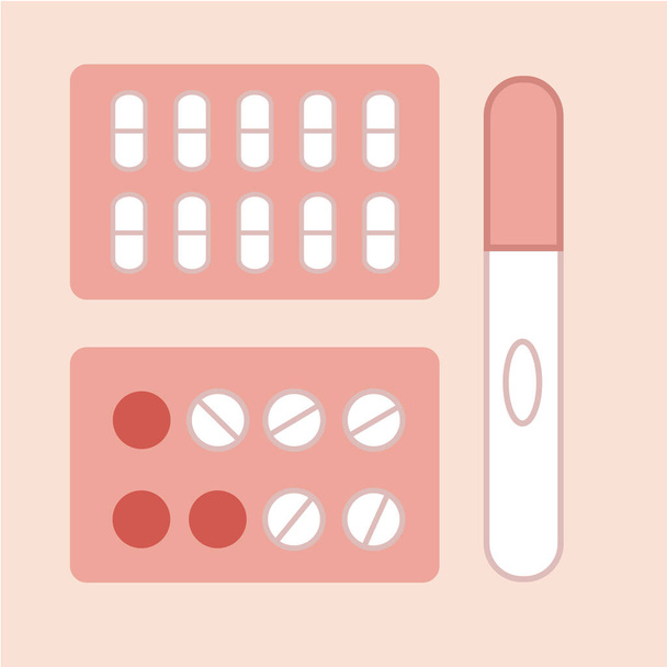 Higiene menstrual. Productos de la menstruación femenina píldoras, prueba de embarazo. Ilustración del cuidado menstrual femenino. Período menstrual. Feminismo. Igualdad de género. Gráficos vectoriales - Vector, Imagen