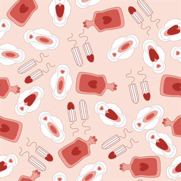 Menstruation hygiene.Menstruation concept. Seamless endless pattern.Vagina Symbol,female period with menstrual blood,sanitary pad,tampon,hot water bottle,. Feminism.Vector illustrations - Vector, afbeelding