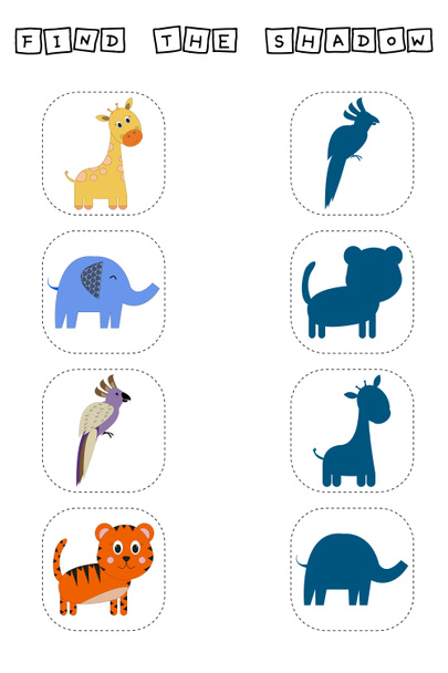Vind de juiste schaduw met giraffe, olifant, papegaai, tijger. Educatief kinderspel.  - Foto, afbeelding