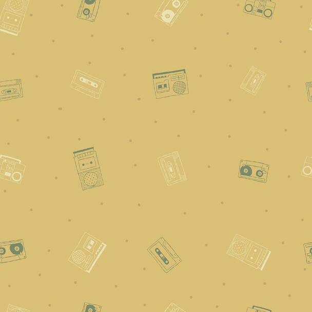 Vector retro cassette tape players and boombox seamless repeat pattern background. Perfect for fabric, wallpaper, wrapping paper, scrapbooking projects. - Vector, Image