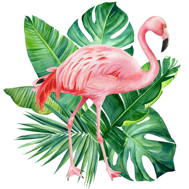 Trópusi növények, flamingó és zöld levelek fehér háttér, akvarell illusztráció, dzsungel design - Fotó, kép