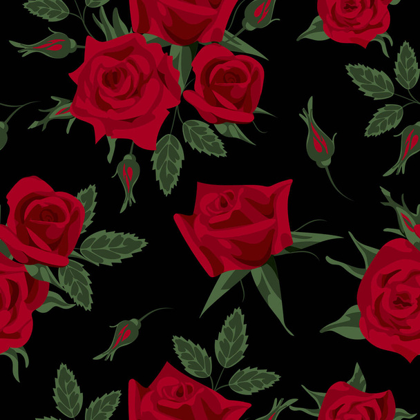 Elegant Victorian English red roses seamless pattern, vintage style. For Valentines Day, weddings, wallpaper, printing on fabric, wrapping. On a black background - Vector, afbeelding