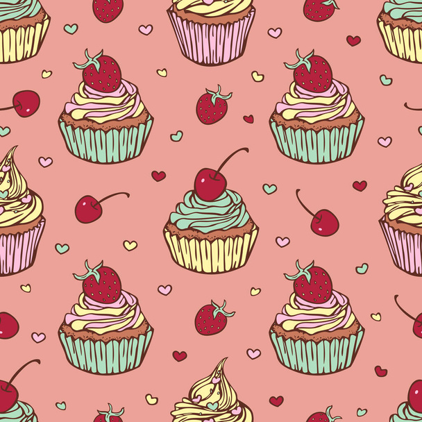 Vector seamless pattern with hand drawn cupcakes with strawberry and cherry. Design with yummy confections. - Vector, Image