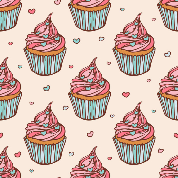 Vector seamless pattern with cupcakes with heart shaped sprinkles. Hand drawn design. - Vector, Image