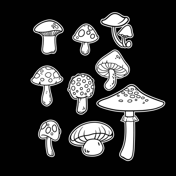 un ensemble de plusieurs images blanches de différents champignons sur fond noir - Vecteur, image