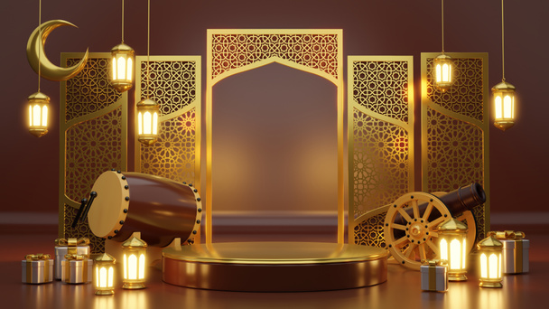 İslami ürün tanıtımı. Podyum, hilal, fener, hediye kutusu. Ramazan, İslam Yeni Yılı. 3B görüntüleme. - Fotoğraf, Görsel